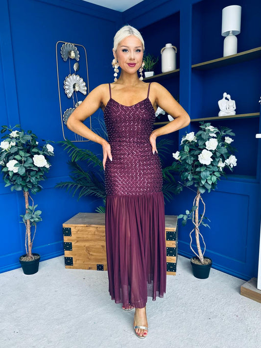 Karly Detailed Sequin Occasion Dress Burgundy