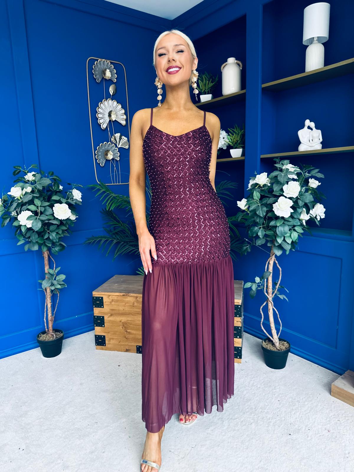 Karly Detailed Sequin Occasion Dress Burgundy