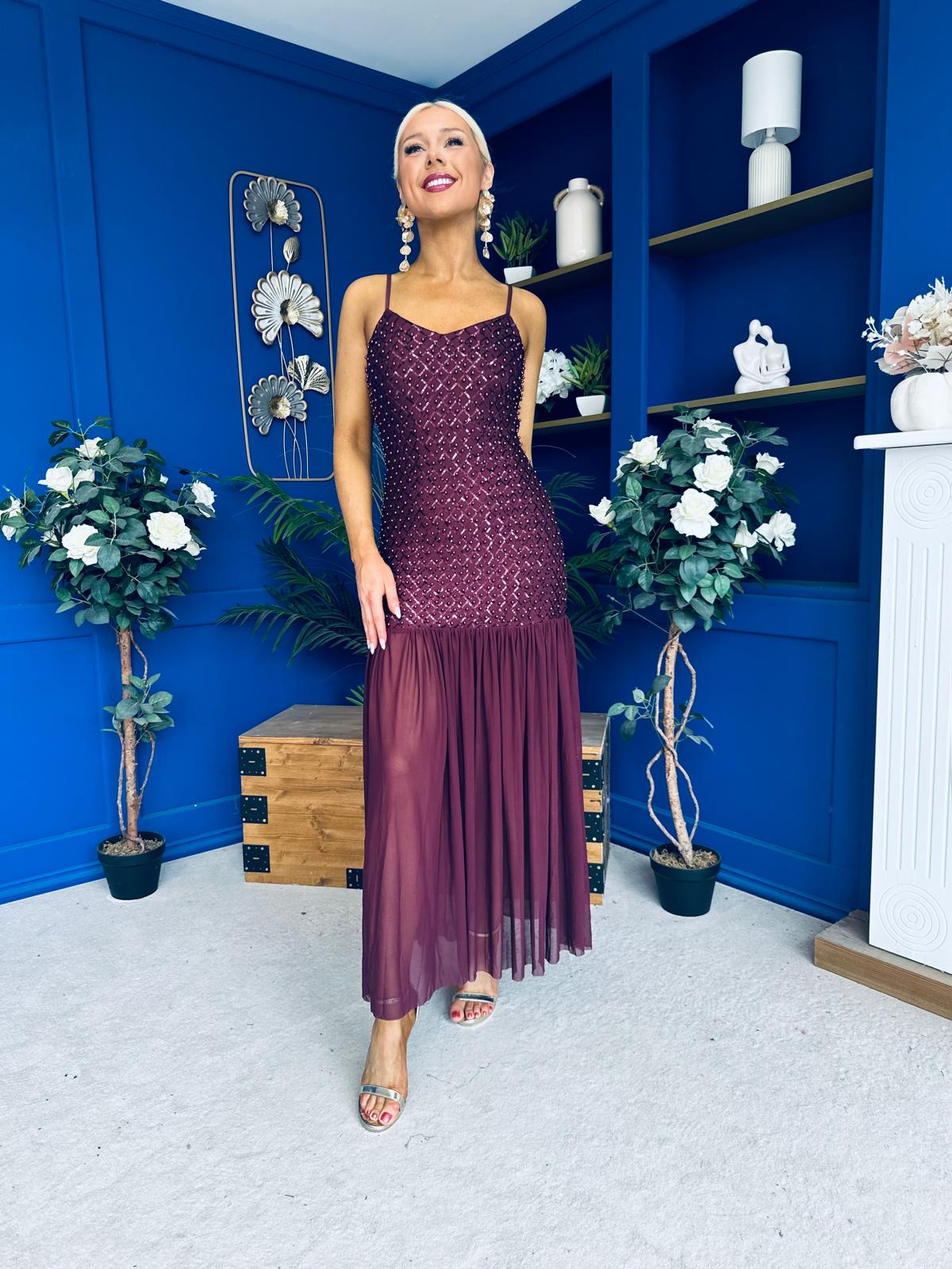 Karly Detailed Sequin Occasion Dress Burgundy