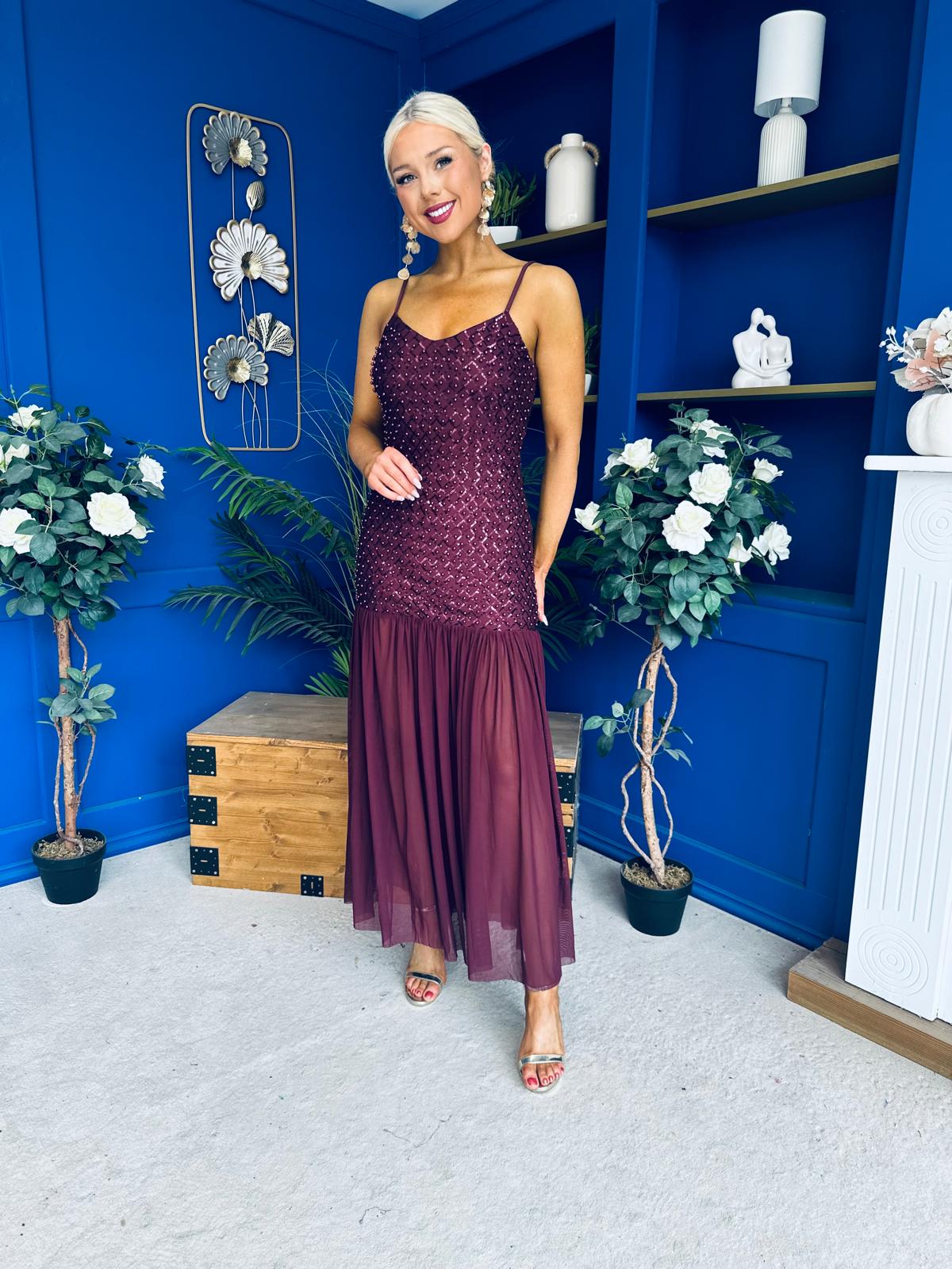 Karly Detailed Sequin Occasion Dress Burgundy