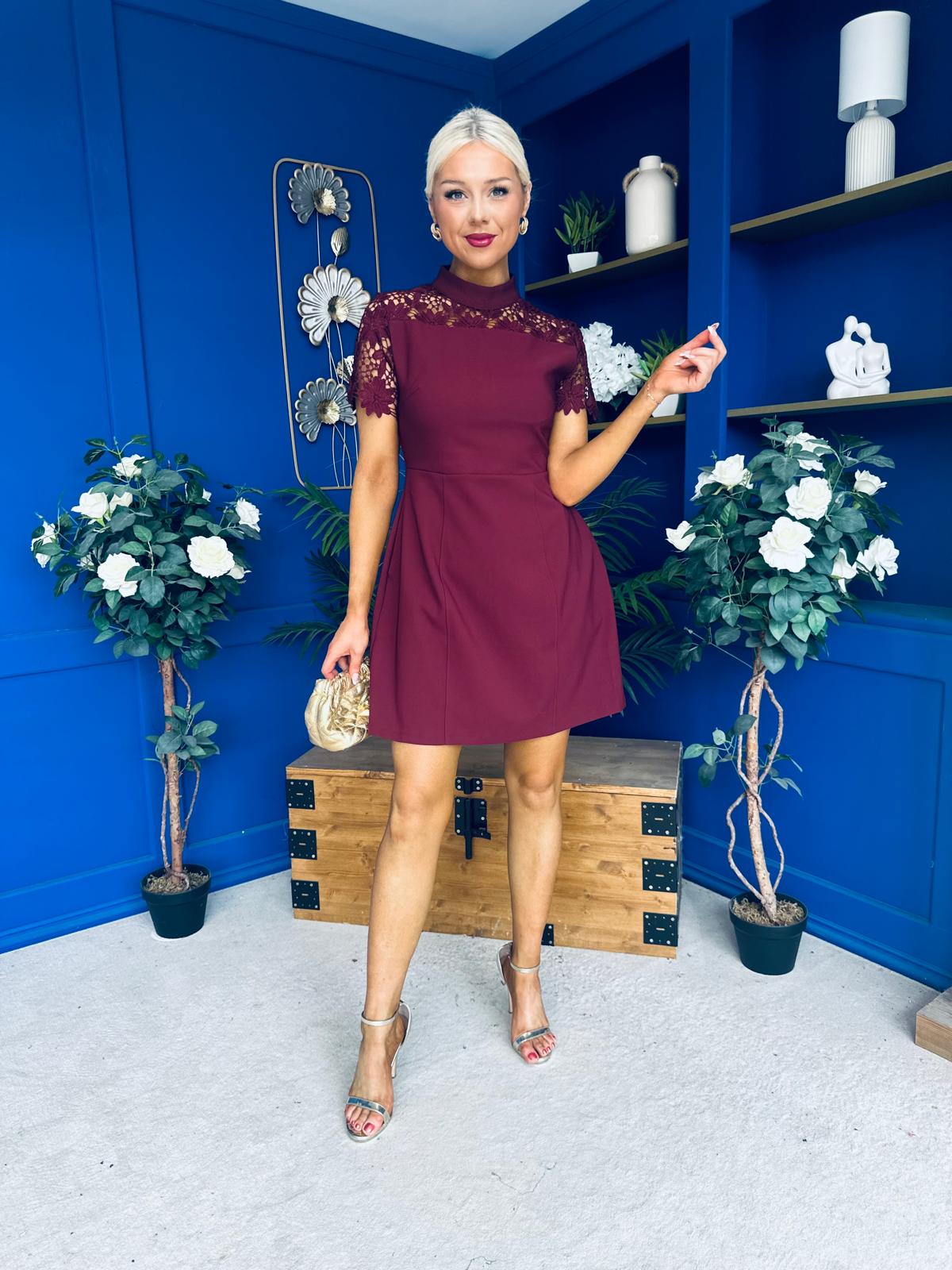 Dolcie Lace Detail Mini Dress Wine