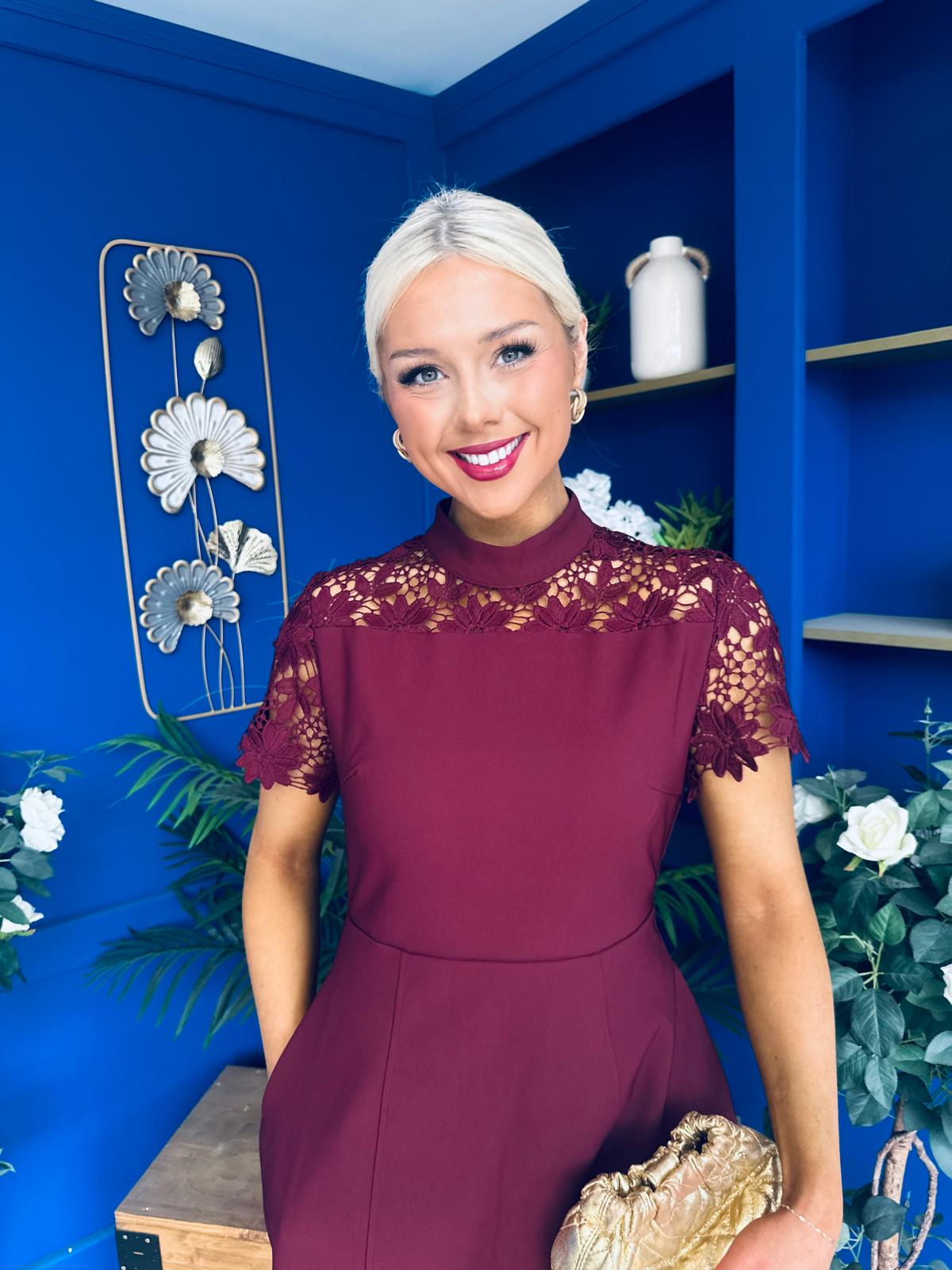 Dolcie Lace Detail Mini Dress Wine