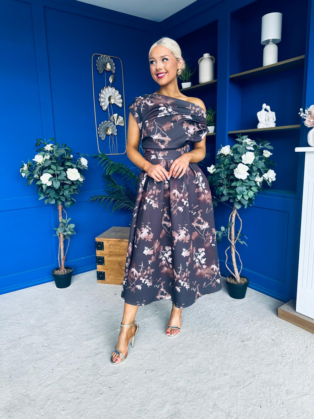 Breffy Asymmetric Neckline Skater Midi Floral Coco