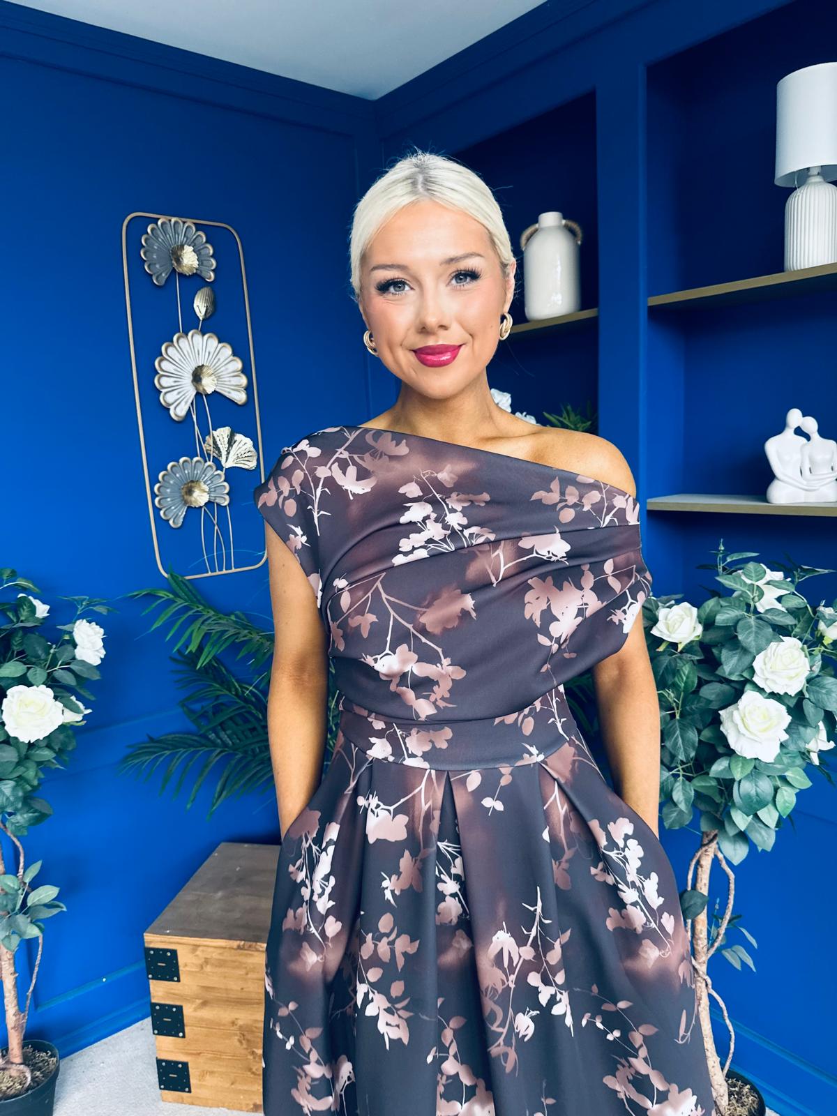 Breffy Asymmetric Neckline Skater Midi Floral Coco