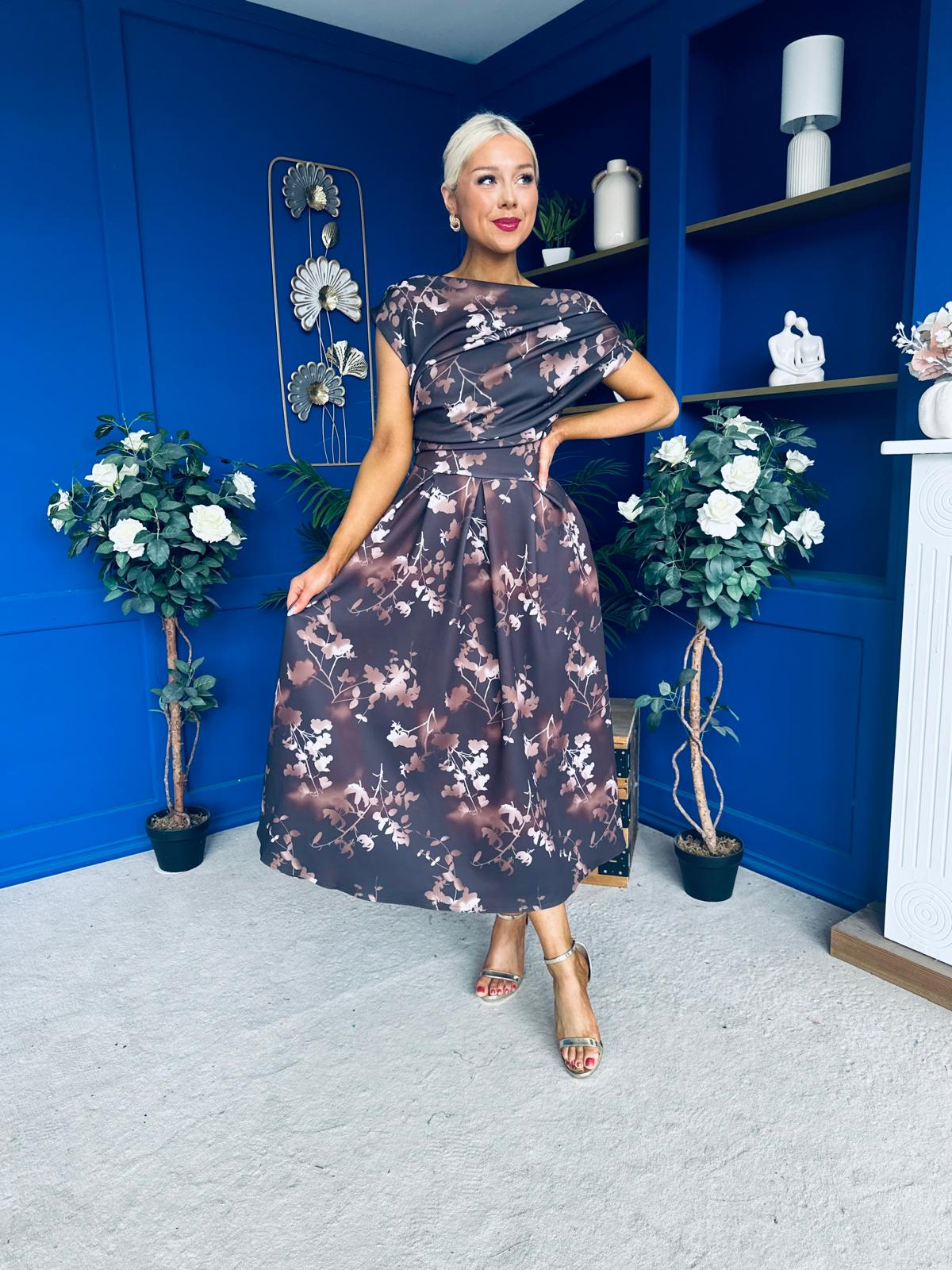 Breffy Asymmetric Neckline Skater Midi Floral Coco