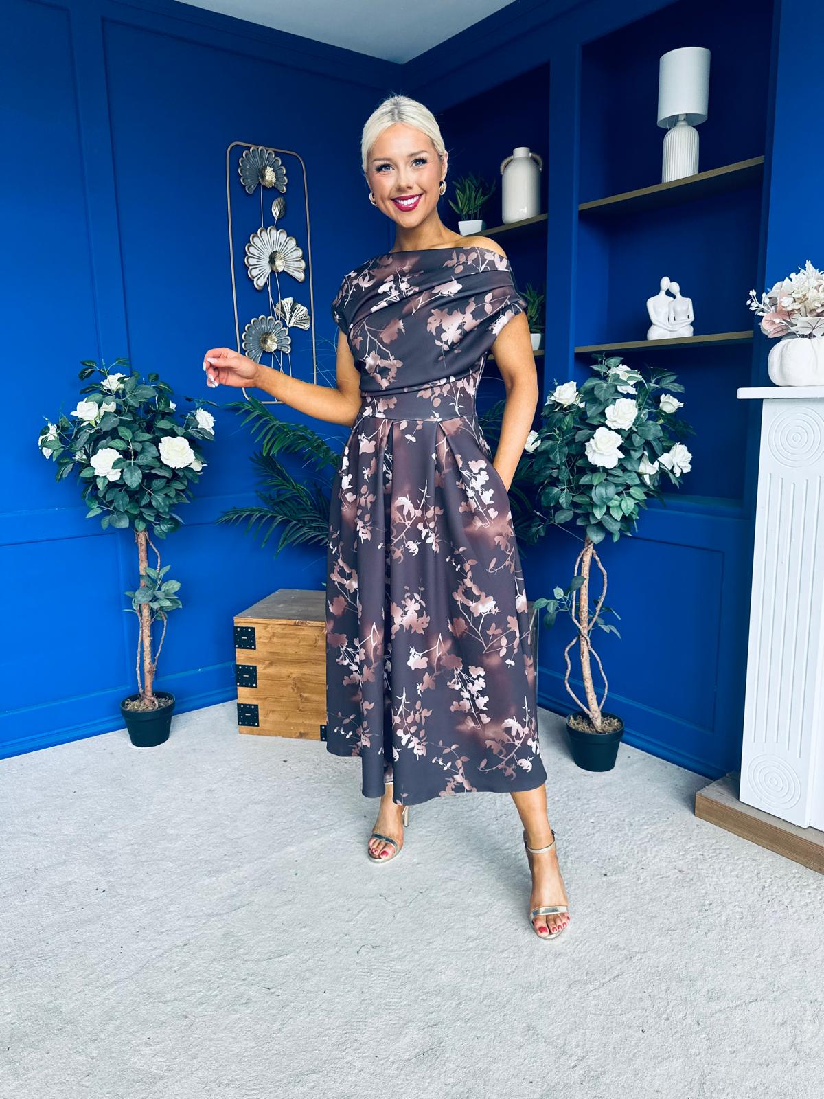Breffy Asymmetric Neckline Skater Midi Floral Coco
