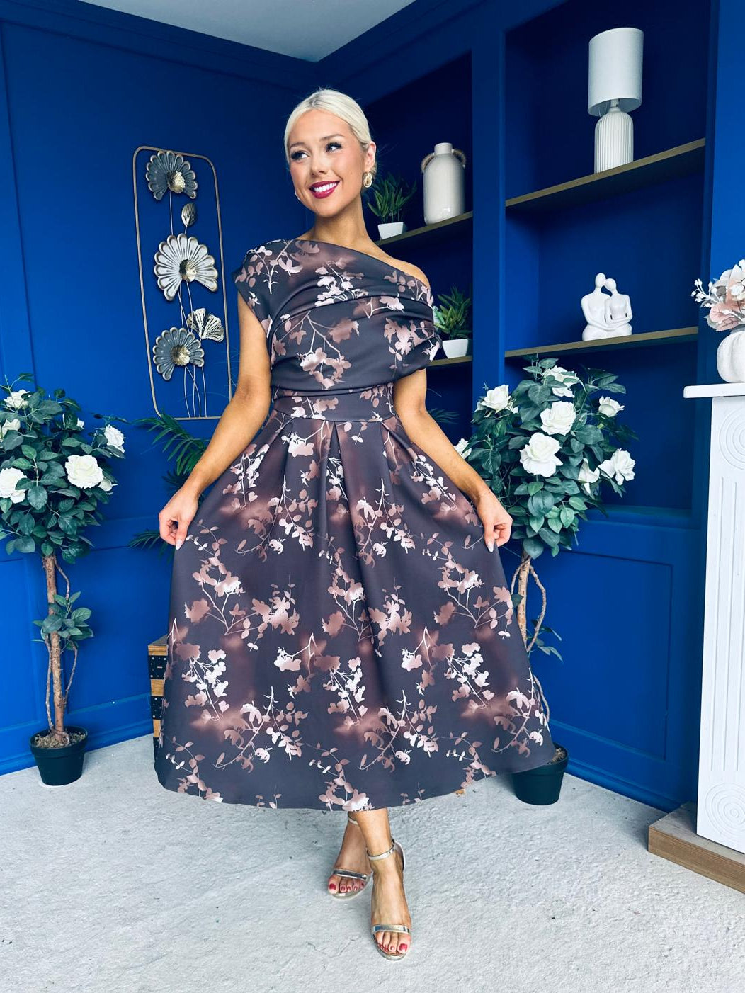 Breffy Asymmetric Neckline Skater Midi Floral Coco