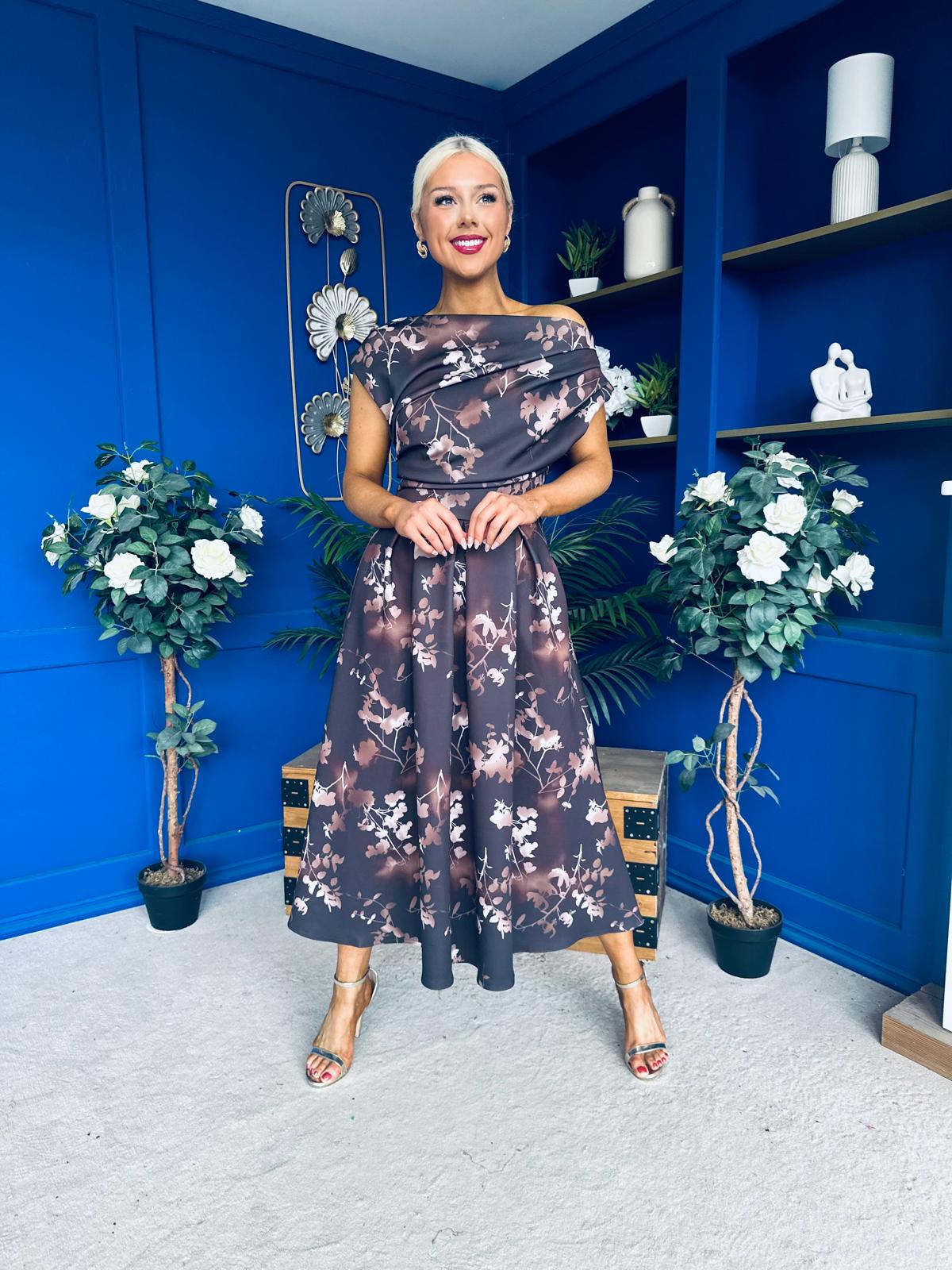 Breffy Asymmetric Neckline Skater Midi Floral Coco