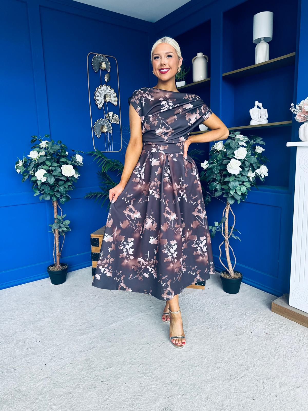 Breffy Asymmetric Neckline Skater Midi Floral Coco