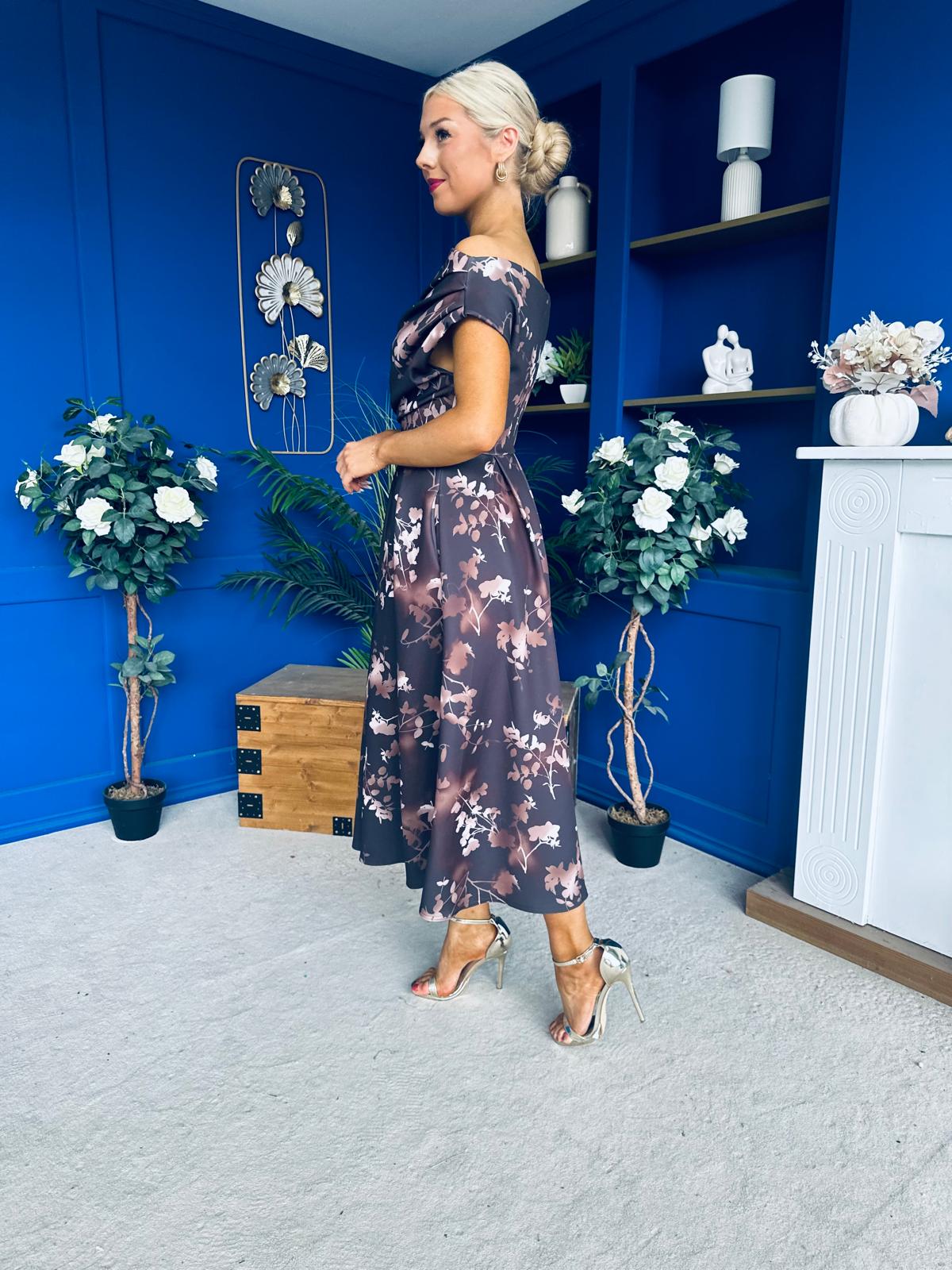 Breffy Asymmetric Neckline Skater Midi Floral Coco