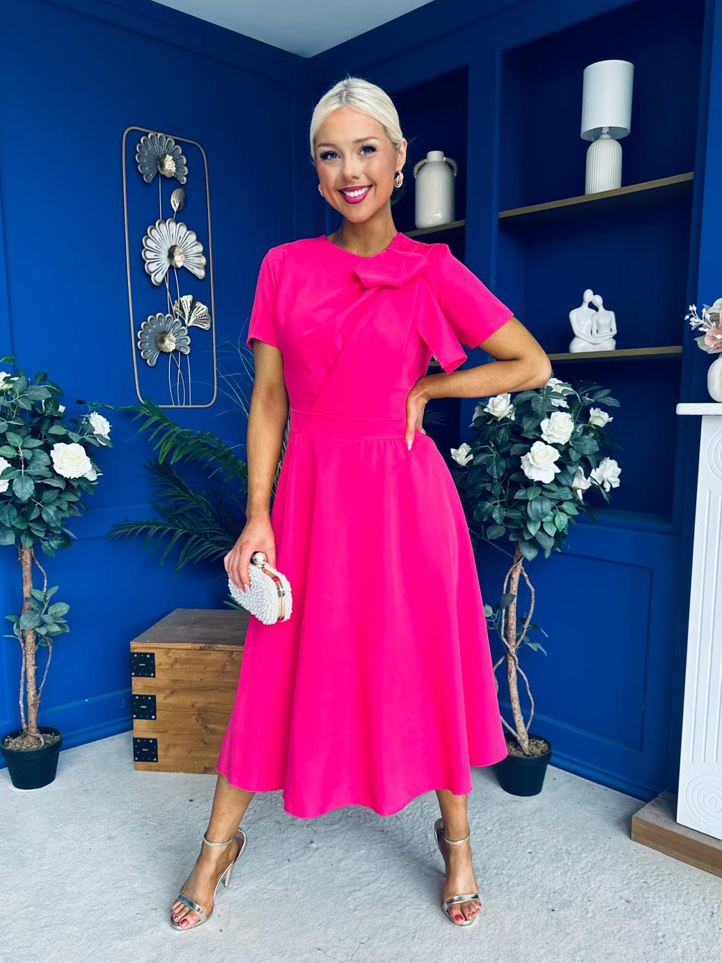 Meghan Bow Detail Midi Dress Hot Pink