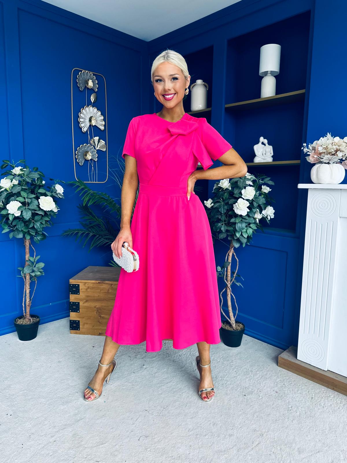 Meghan Bow Detail Midi Dress Hot Pink