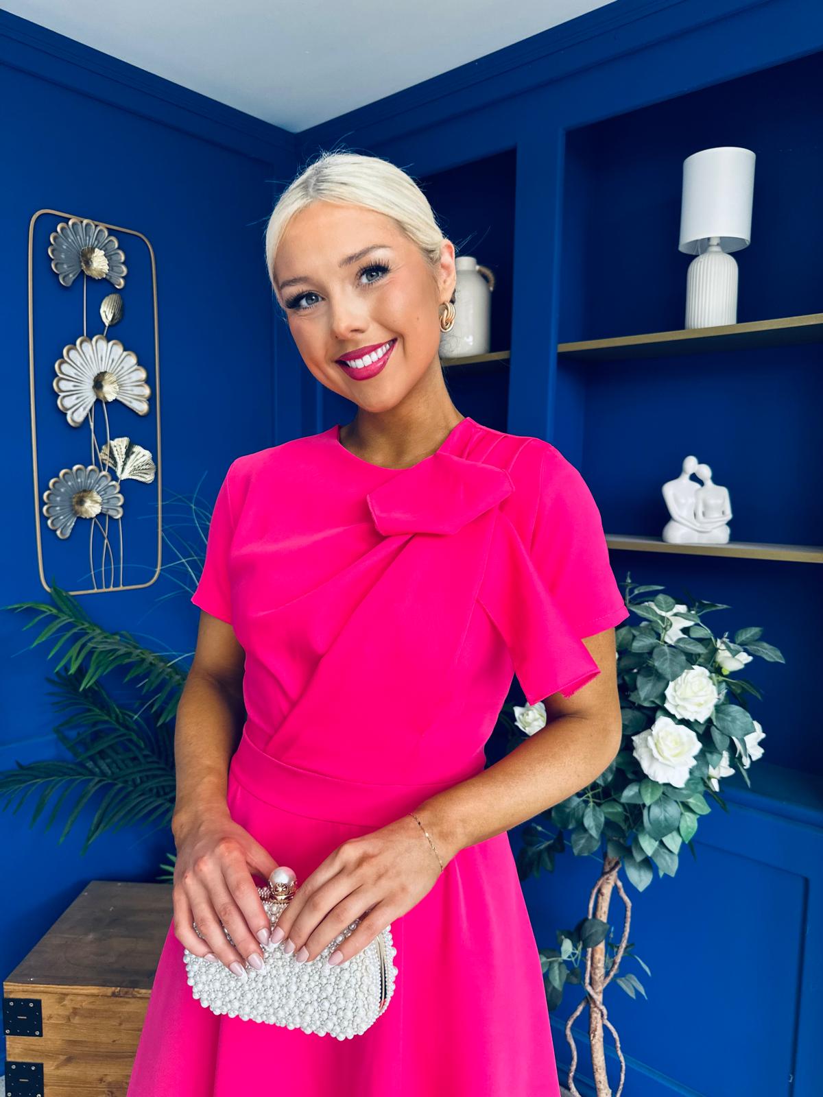 Meghan Bow Detail Midi Dress Hot Pink