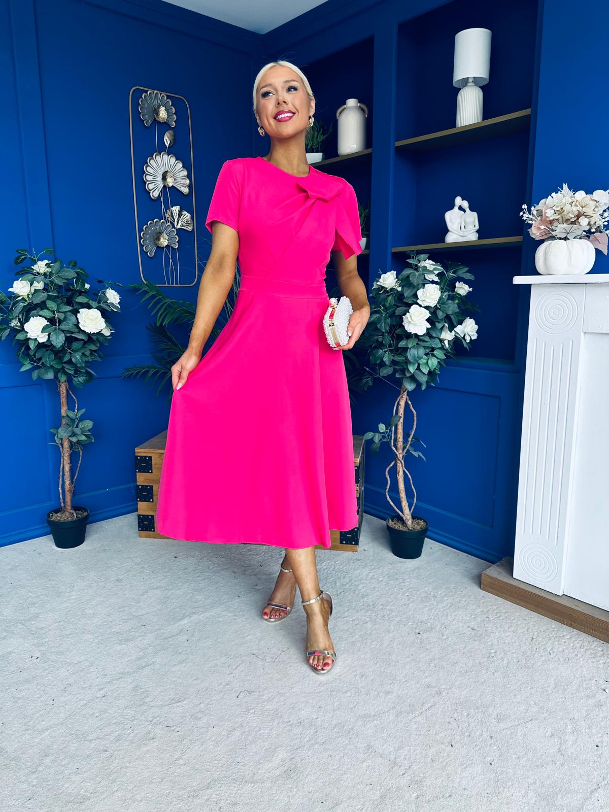 Meghan Bow Detail Midi Dress Hot Pink