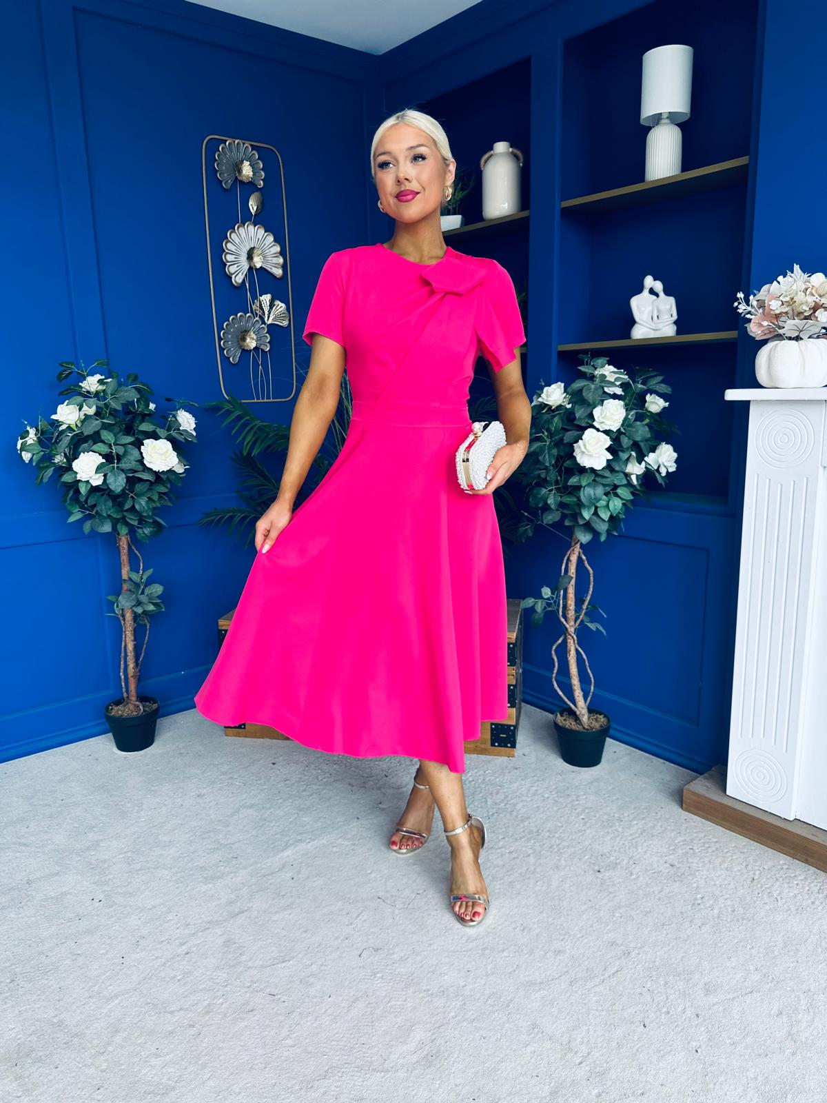 Meghan Bow Detail Midi Dress Hot Pink