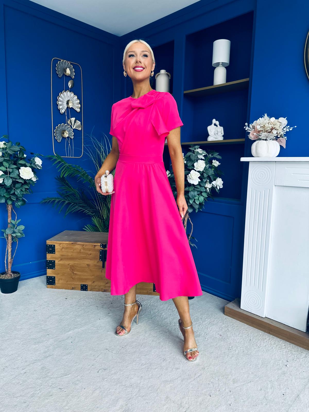 Meghan Bow Detail Midi Dress Hot Pink