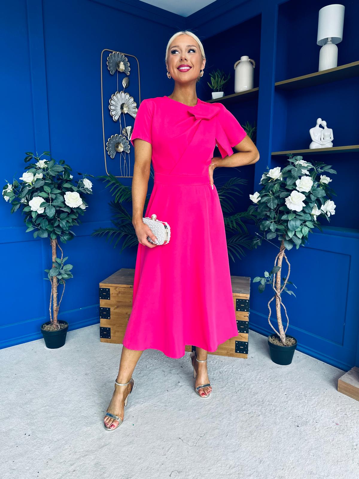 Meghan Bow Detail Midi Dress Hot Pink