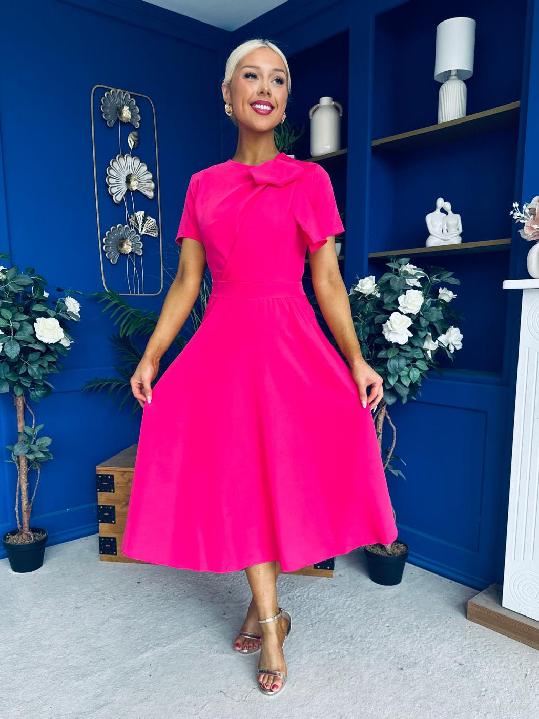 Meghan Bow Detail Midi Dress Hot Pink