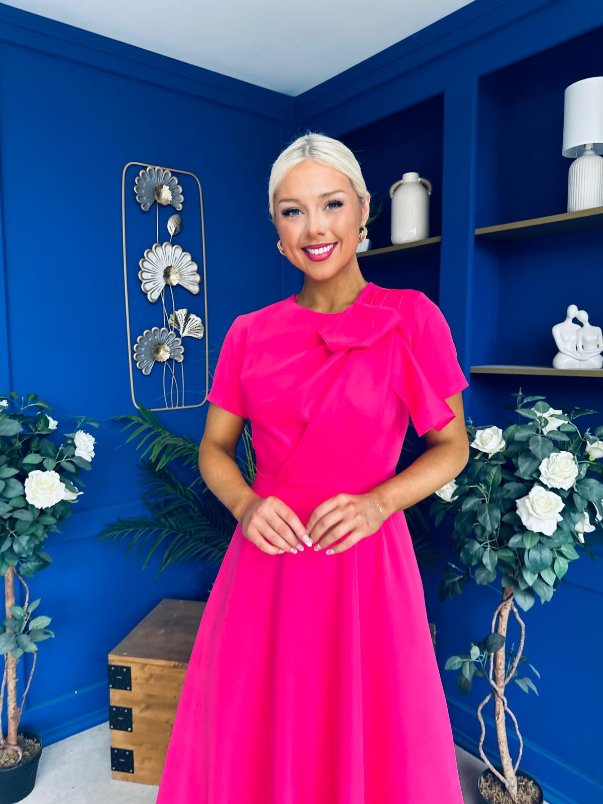 Meghan Bow Detail Midi Dress Hot Pink
