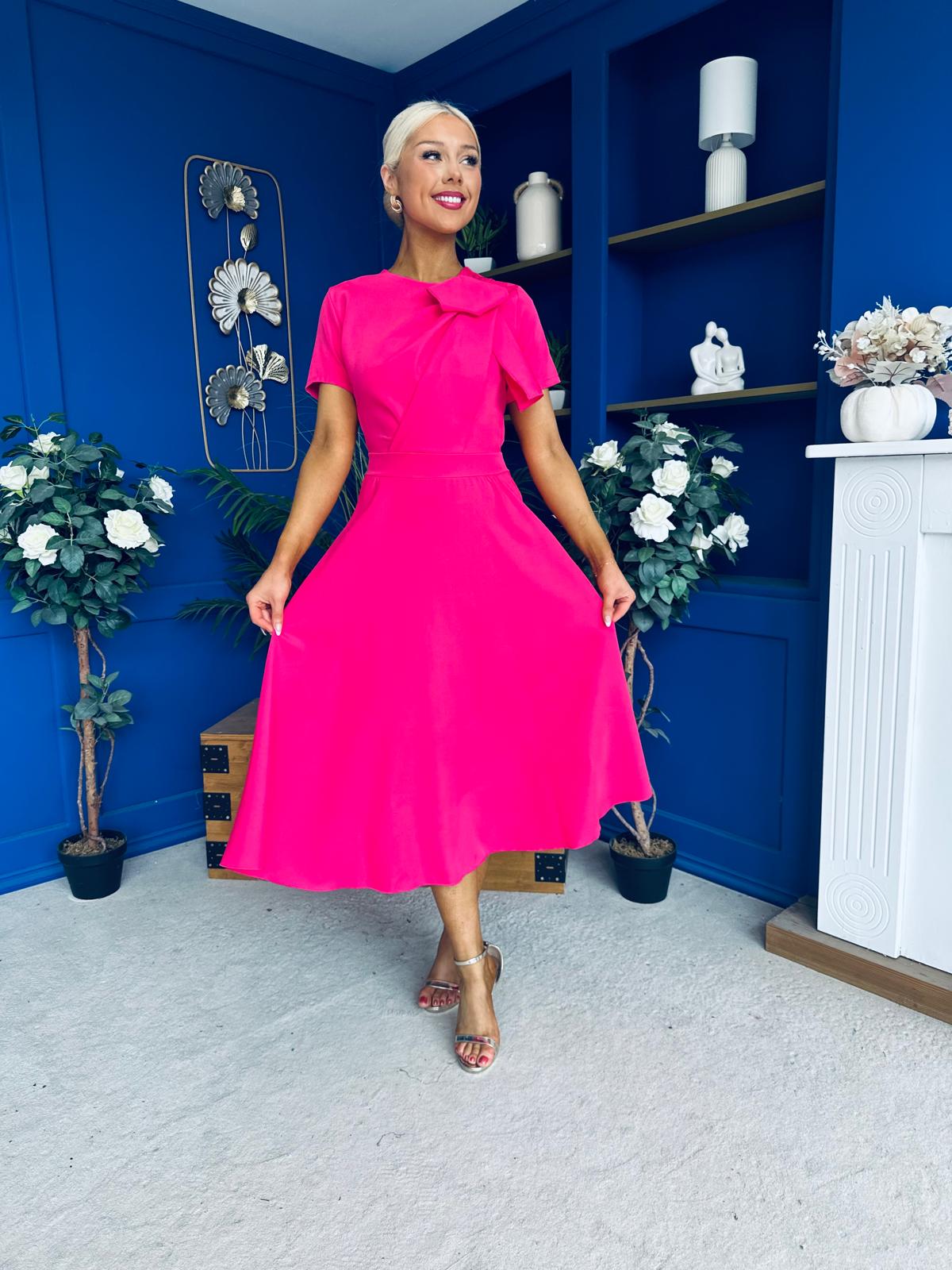 Meghan Bow Detail Midi Dress Hot Pink