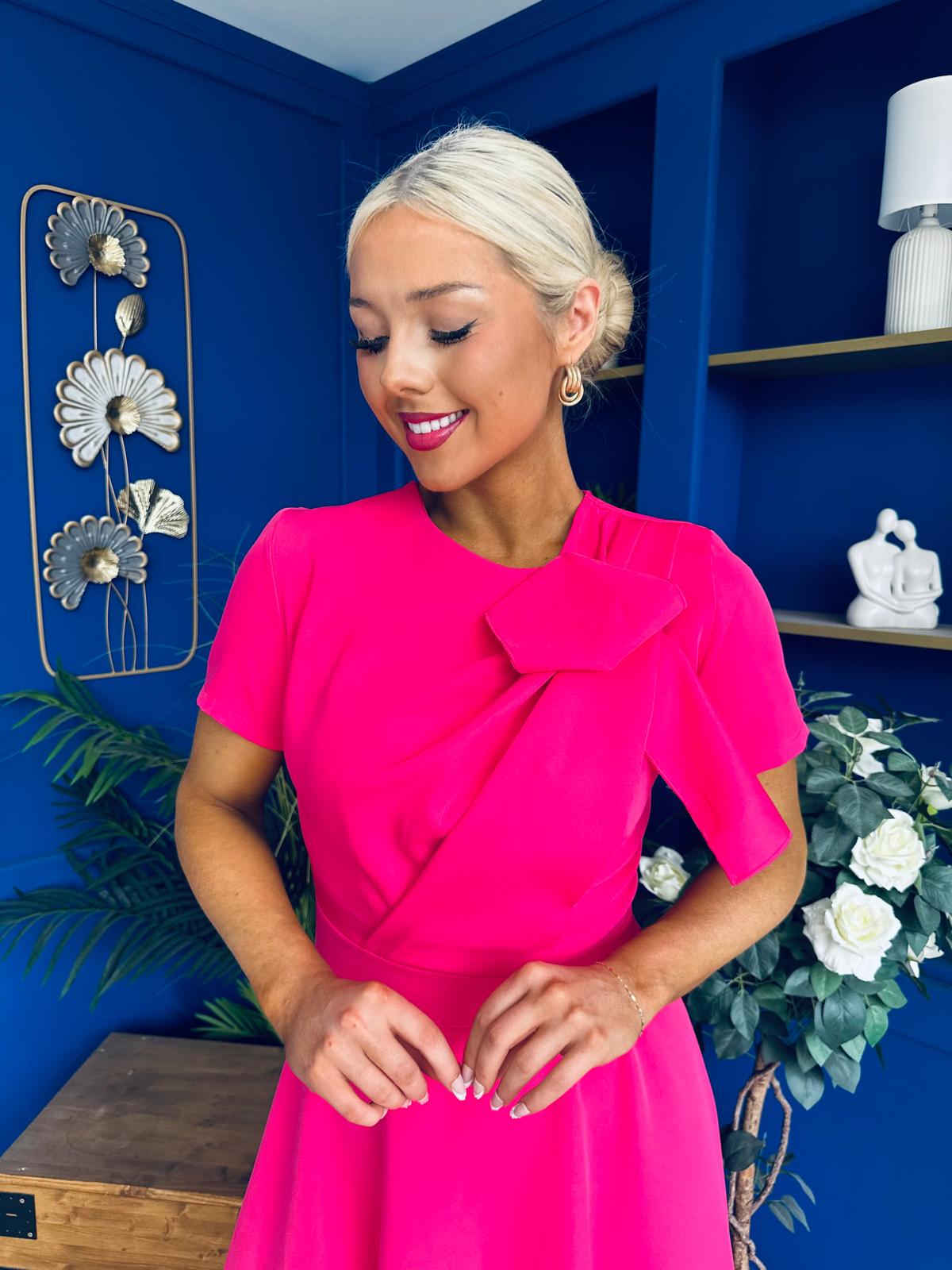 Meghan Bow Detail Midi Dress Hot Pink
