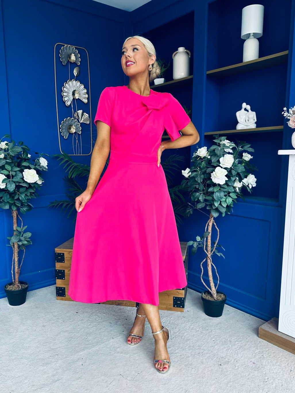 Meghan Bow Detail Midi Dress Hot Pink