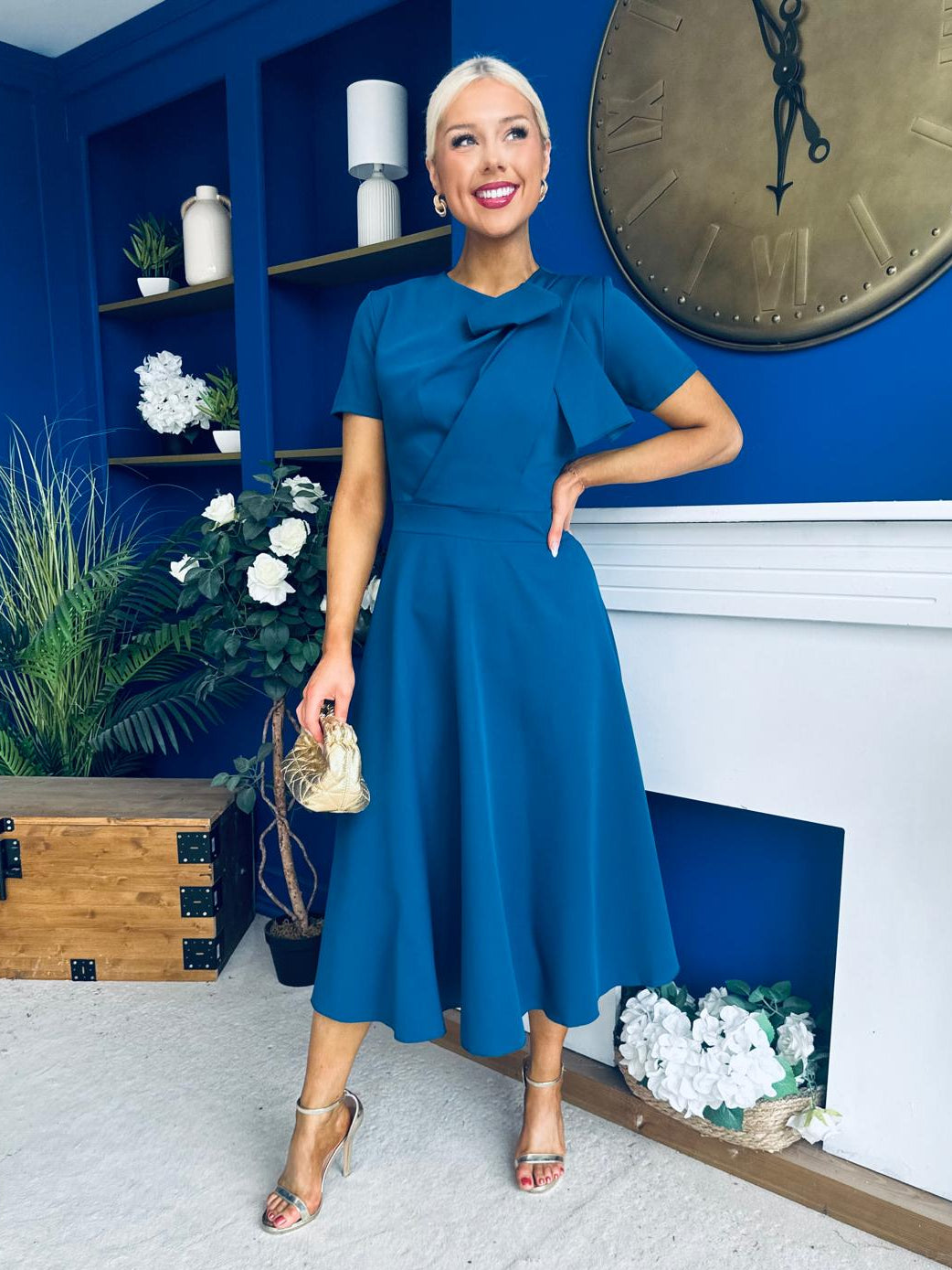 Meghan Bow Detail Midi Dress Teal