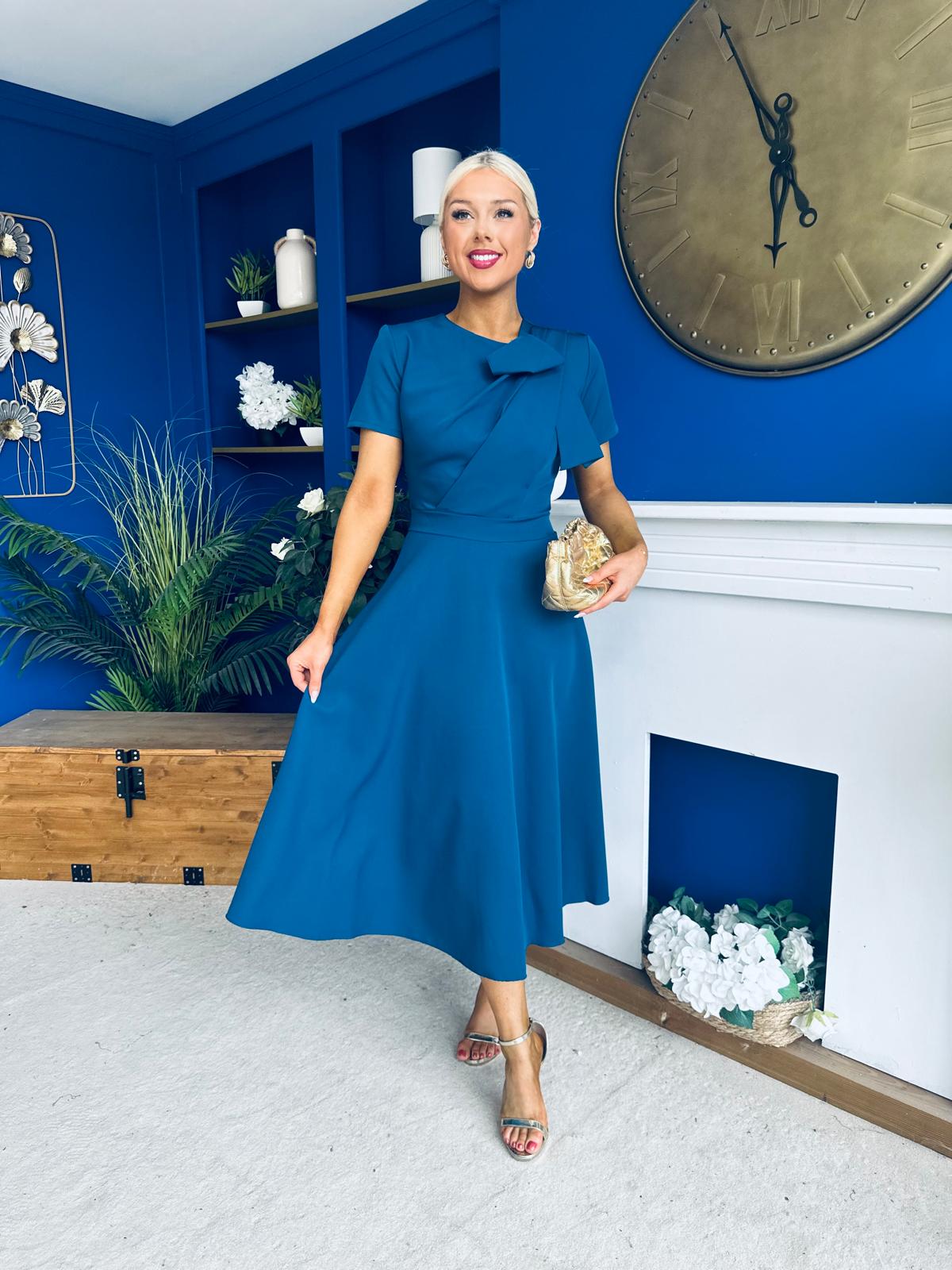 Meghan Bow Detail Midi Dress Teal