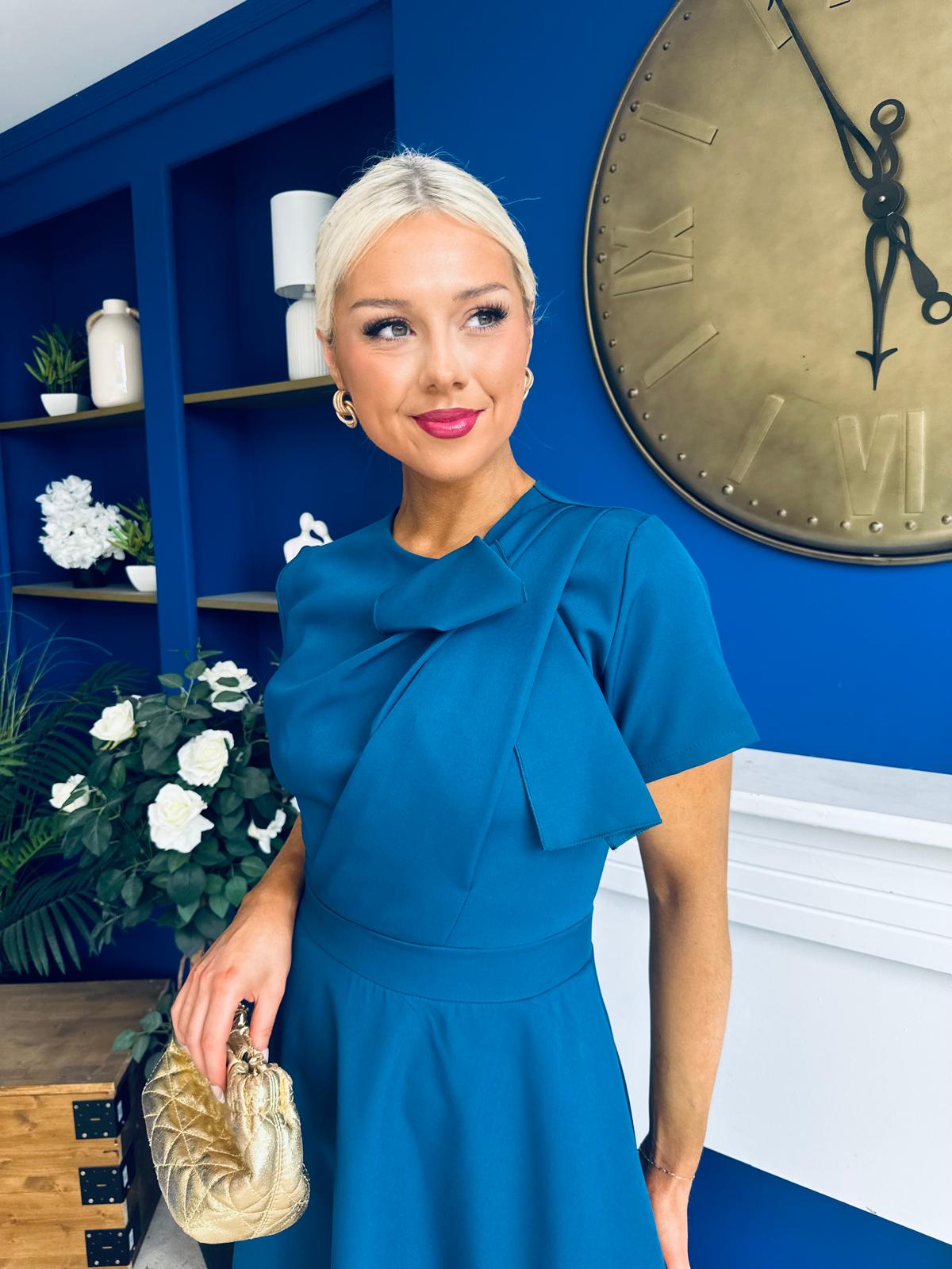 Meghan Bow Detail Midi Dress Teal