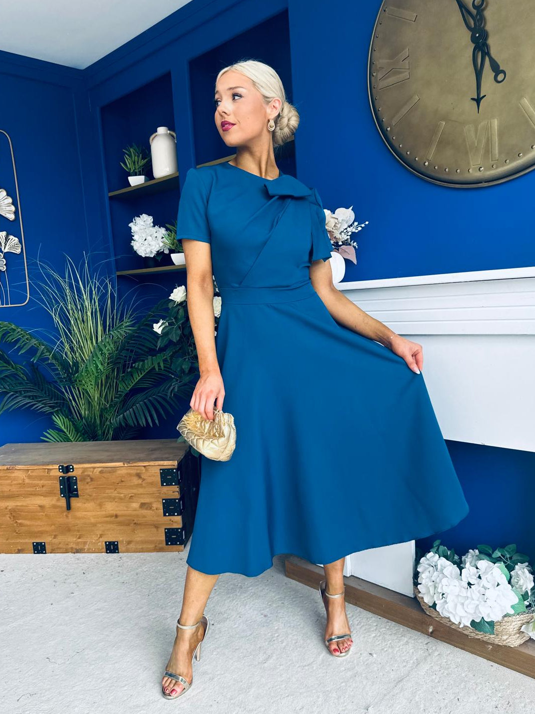 Meghan Bow Detail Midi Dress Teal