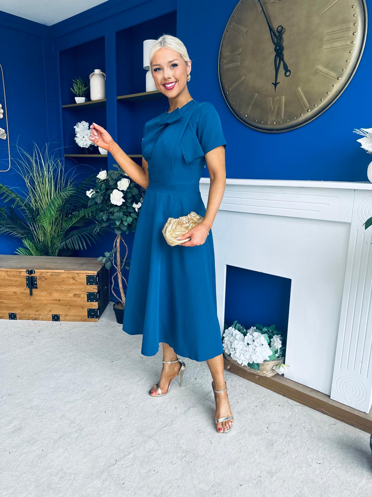 Meghan Bow Detail Midi Dress Teal