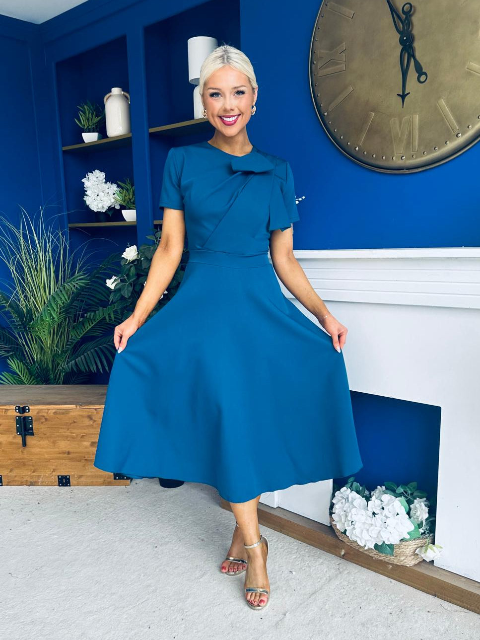 Meghan Bow Detail Midi Dress Teal