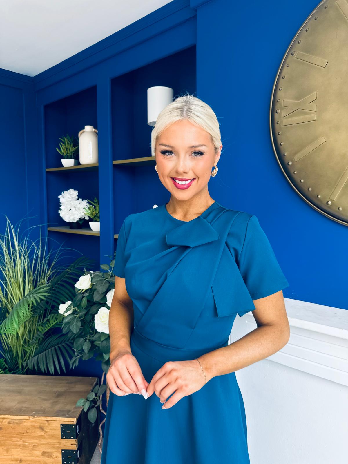 Meghan Bow Detail Midi Dress Teal