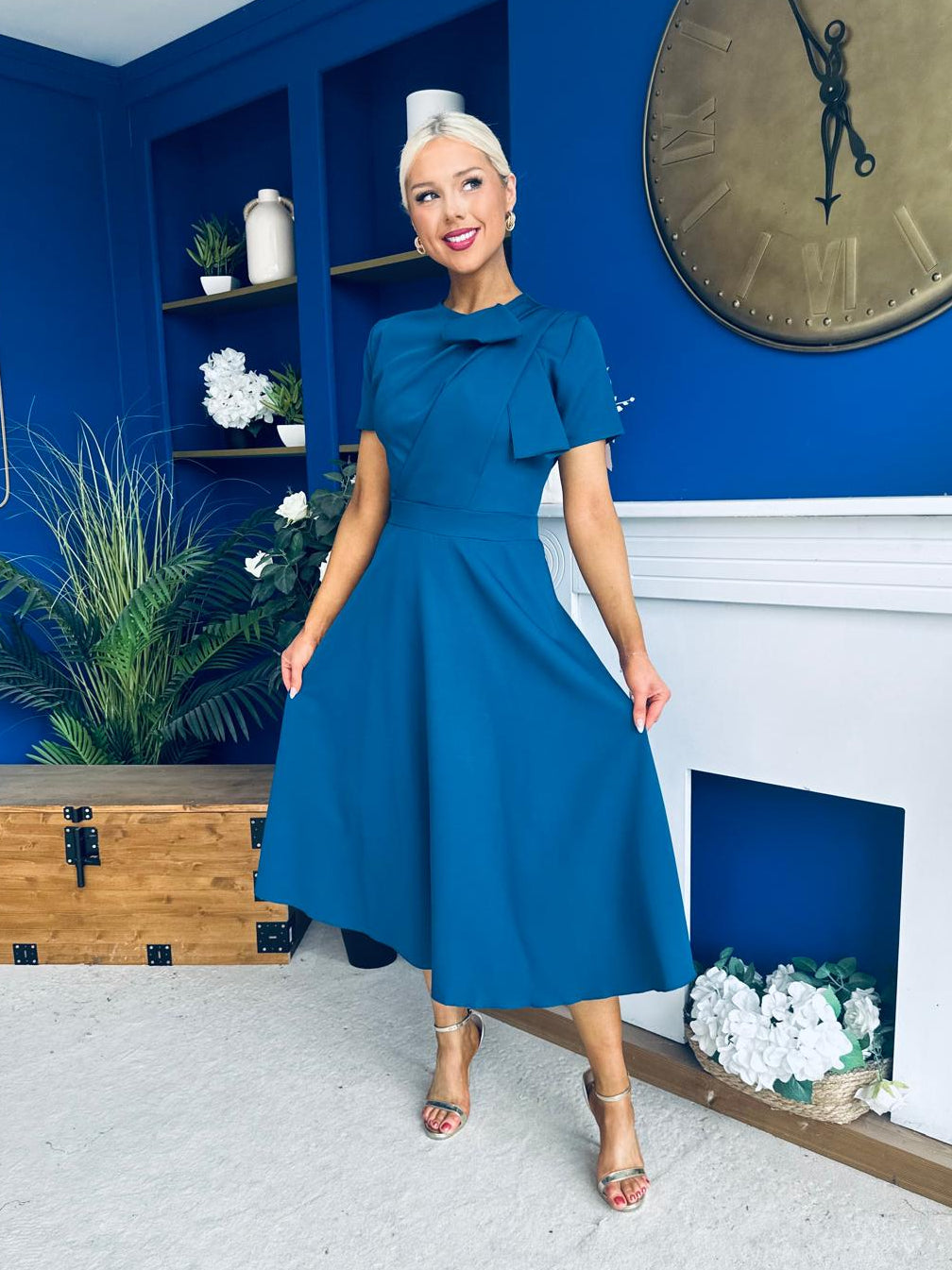 Meghan Bow Detail Midi Dress Teal