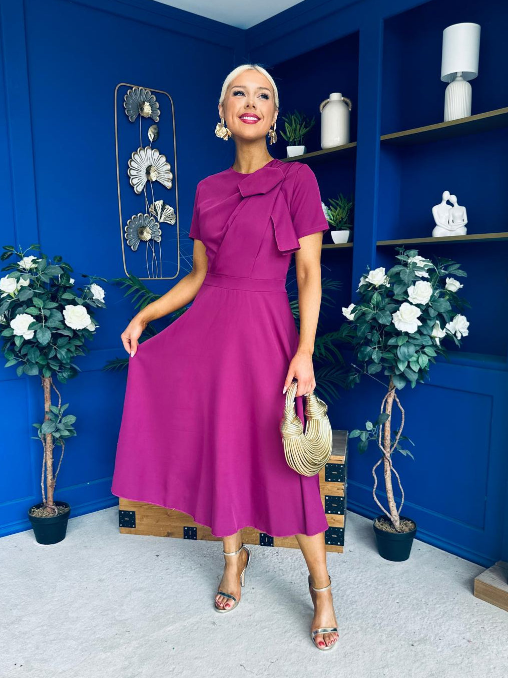 Meghan Bow Detail Midi Dress Berry