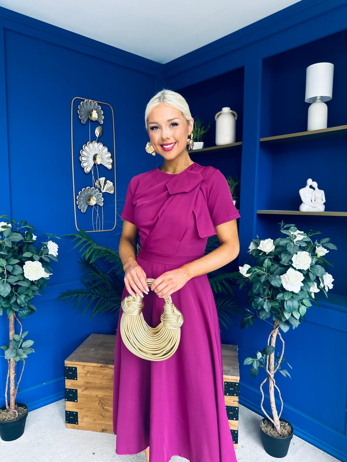 Meghan Bow Detail Midi Dress Berry