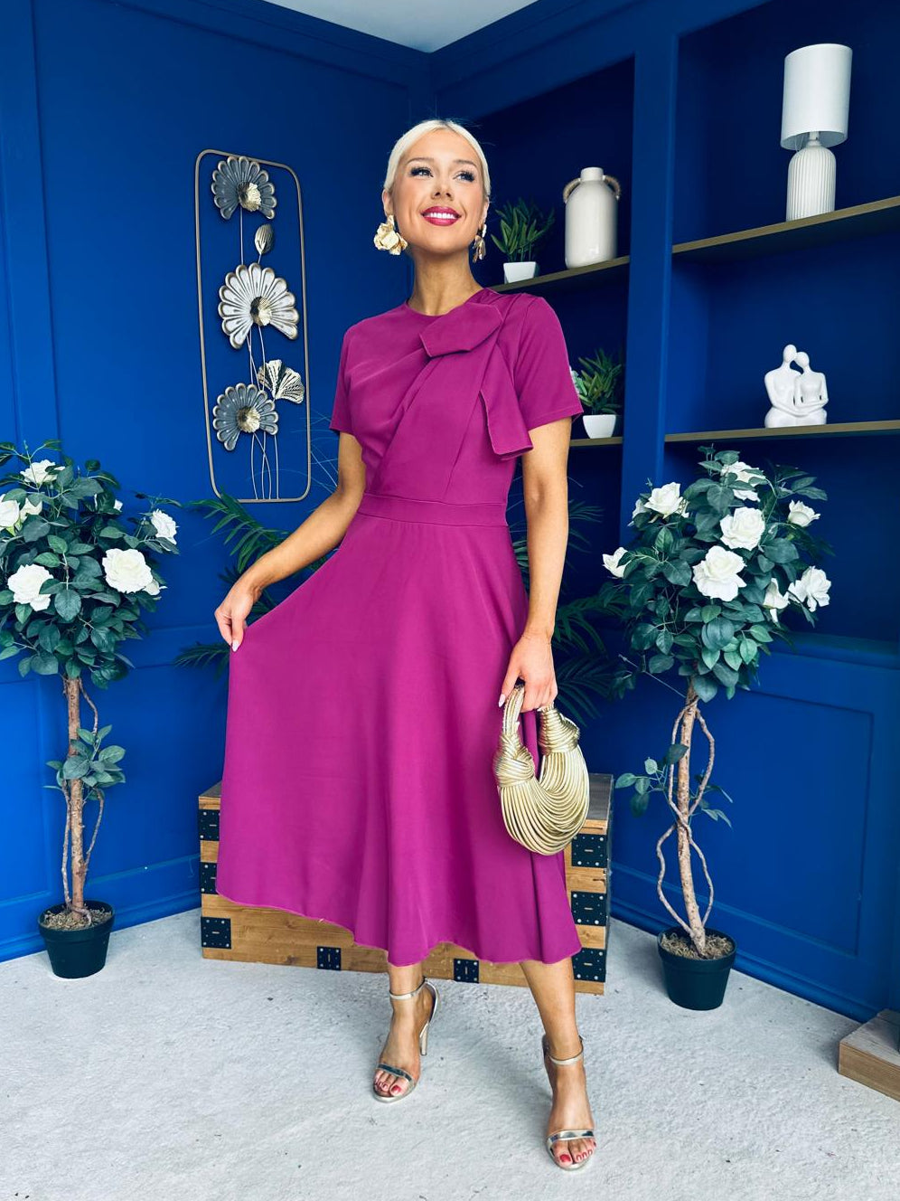 Meghan Bow Detail Midi Dress Berry