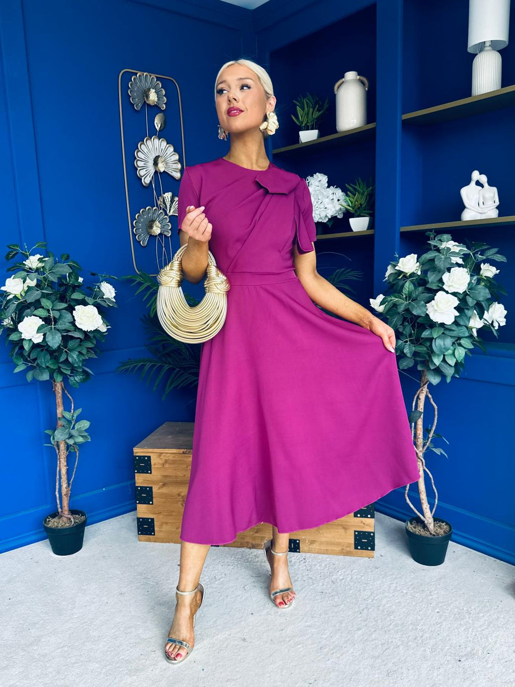 Meghan Bow Detail Midi Dress Berry