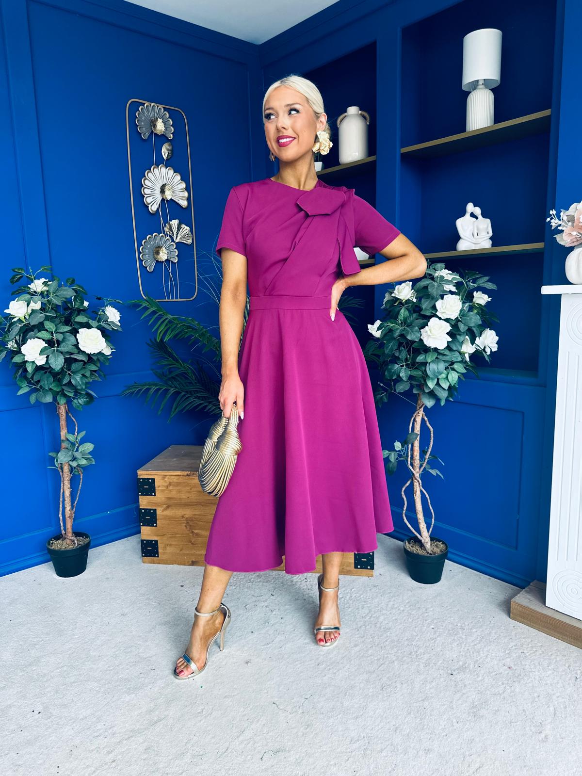 Meghan Bow Detail Midi Dress Berry