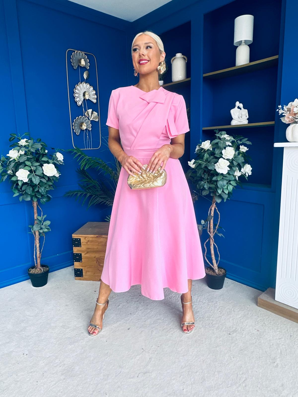 Meghan Bow Detail Midi Dress Pwr Pink