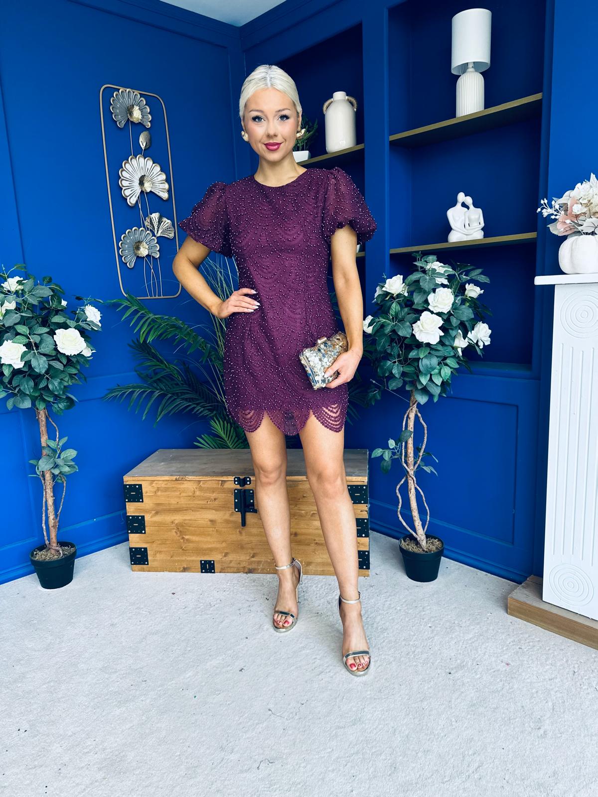 Gina Embellished Puff Sleeve Mini Dress Berry