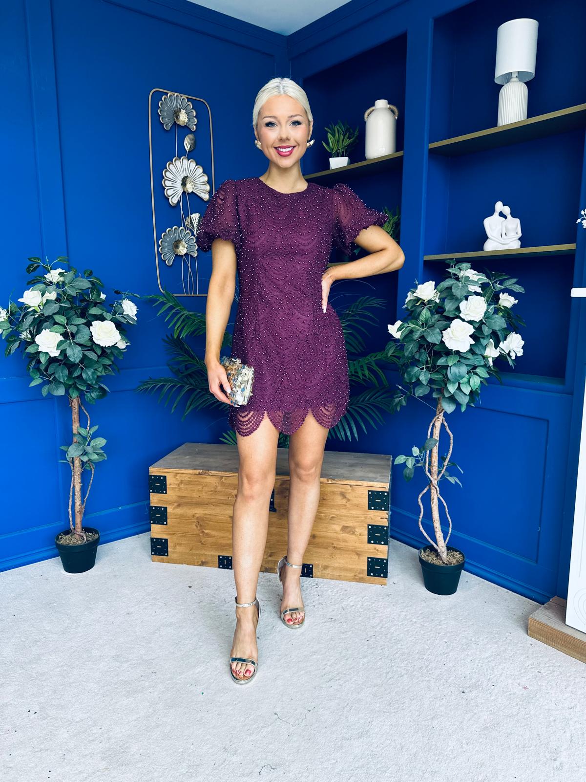 Gina Embellished Puff Sleeve Mini Dress Berry