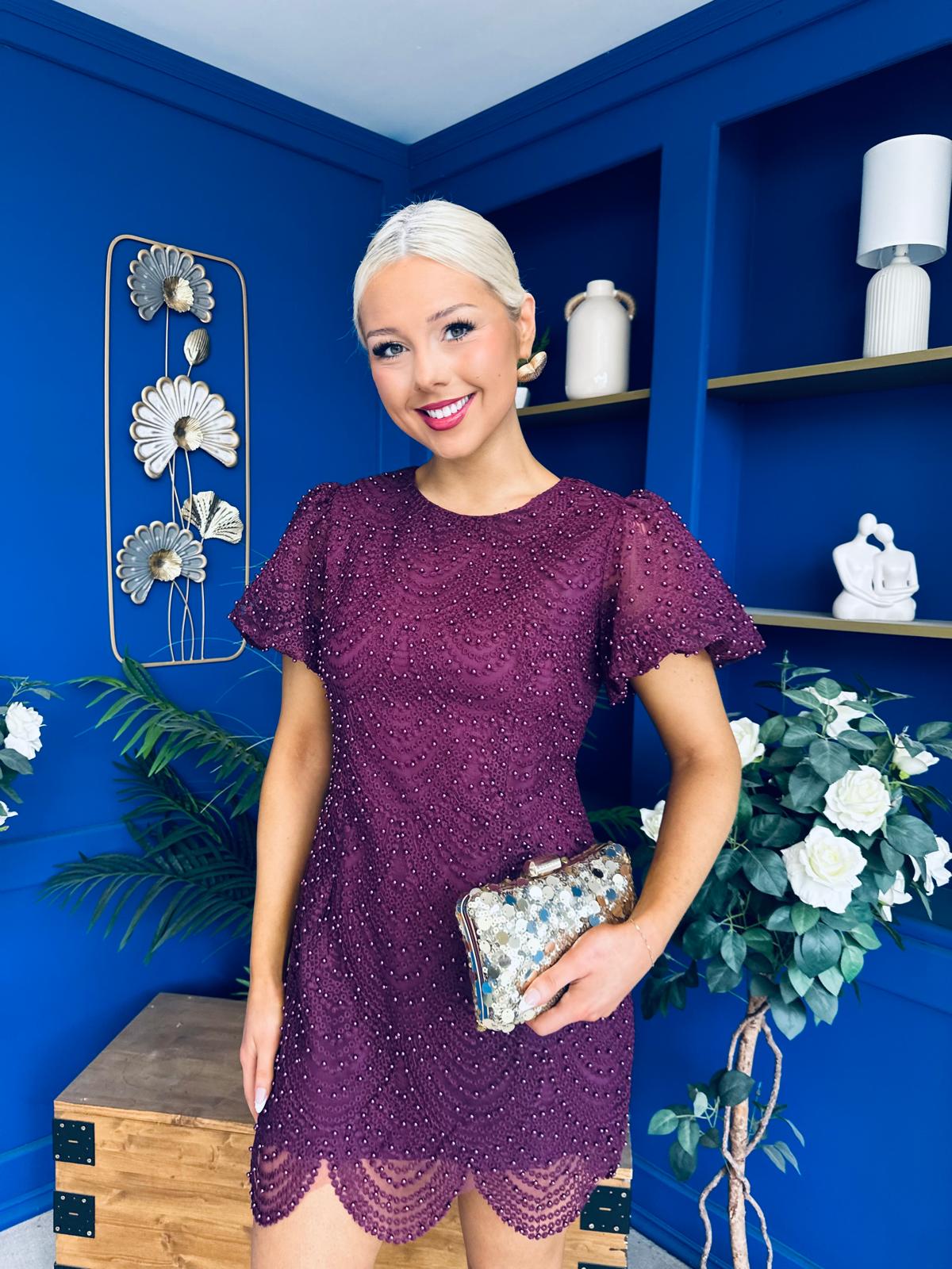 Gina Embellished Puff Sleeve Mini Dress Berry