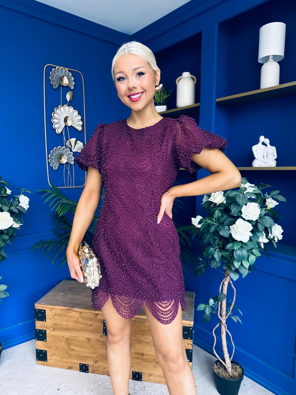 Gina Embellished Puff Sleeve Mini Dress Berry