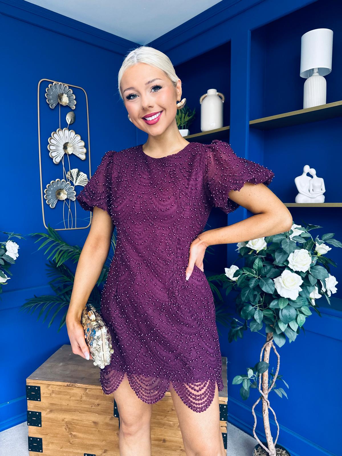 Gina Embellished Puff Sleeve Mini Dress Berry