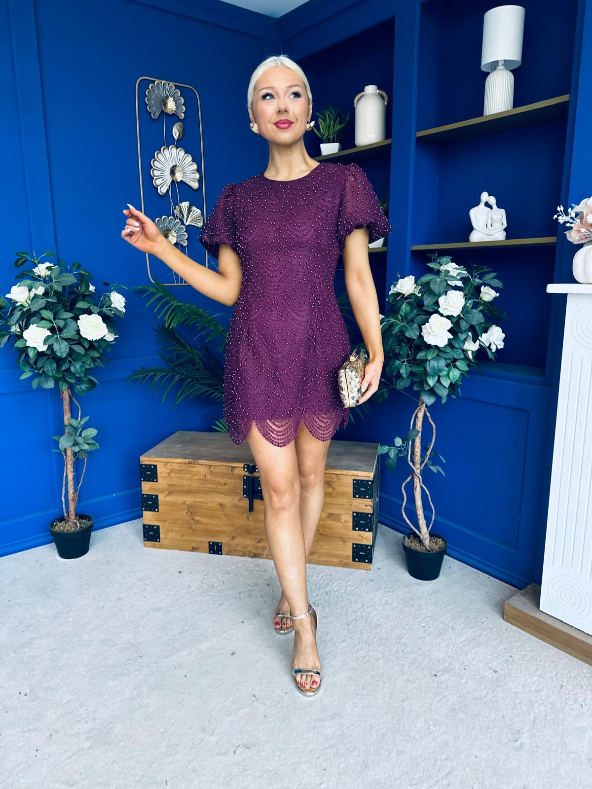 Gina Embellished Puff Sleeve Mini Dress Berry