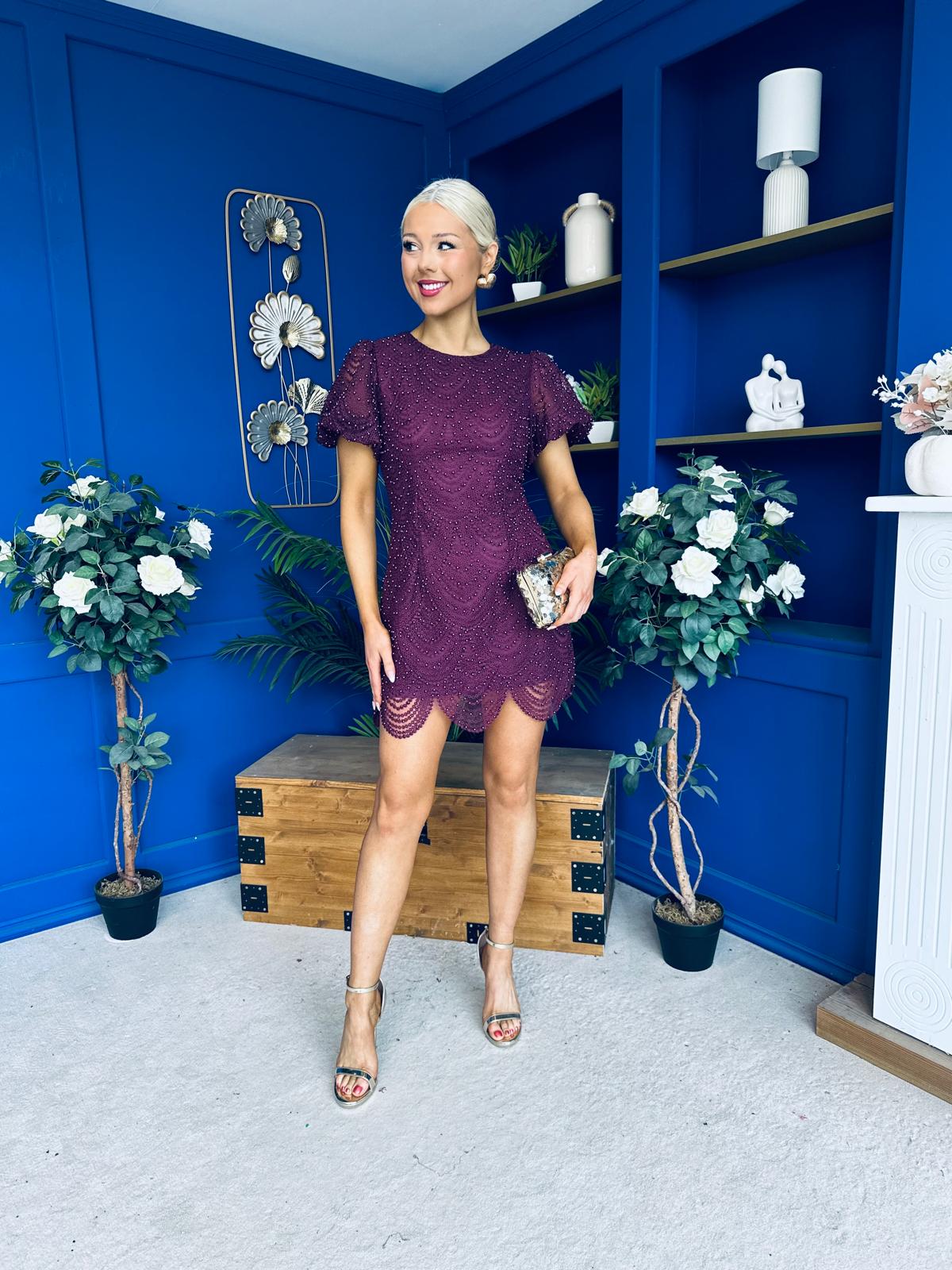 Gina Embellished Puff Sleeve Mini Dress Berry