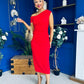 Donna Asymmetric Neckline Midi Dress Red