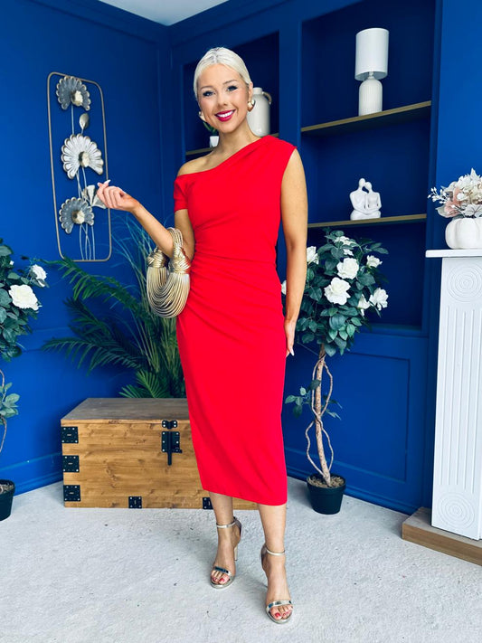 Donna Asymmetric Neckline Midi Dress Red