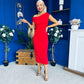 Donna Asymmetric Neckline Midi Dress Red